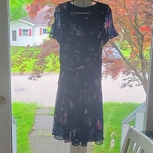 Navy Flowered DKNY long chiffon dress w/belt size 12